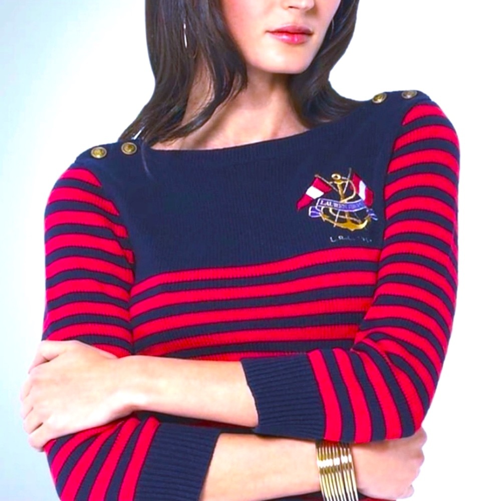 RALPH LAUREN Nautical Embroidered Flag Crest Sweater Red & Blue Striped XL NWOT!